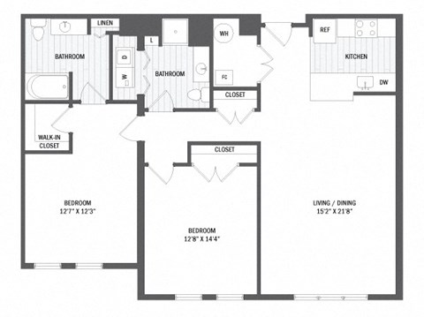 Floor plan for 2 beds, 2 baths, 1218 sqft